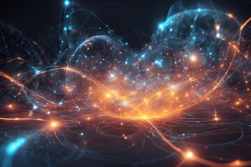 Visualize quantum mechanics with glowing particles, waves, and atomic structures in a futuristic, abstract style.