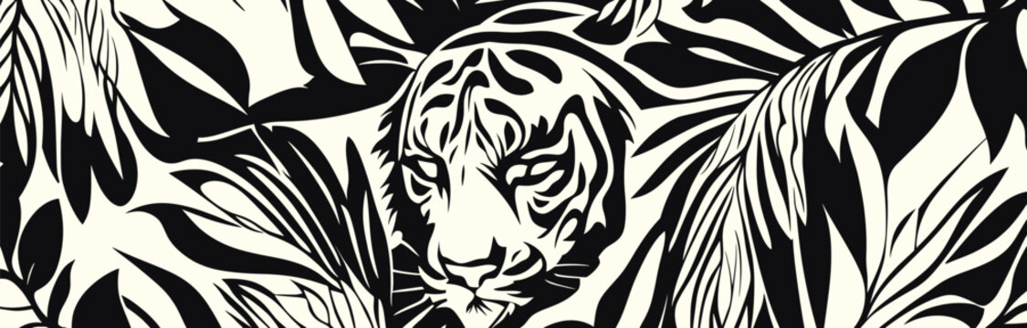 Zebra Skin Pattern Seamless Design with Wild Animal Motifs, Including Tiger, Lion, and Feline Elements, in A Tribal and Bold Illustration Style.