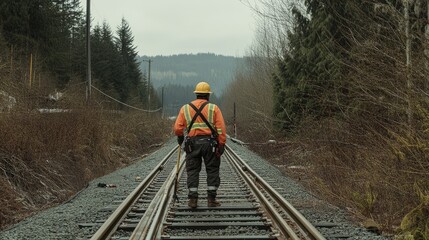 A railway worker wearing high-visibility gear and a hard hat, carefully inspecting train tracks with specialized tools under bright daylight.