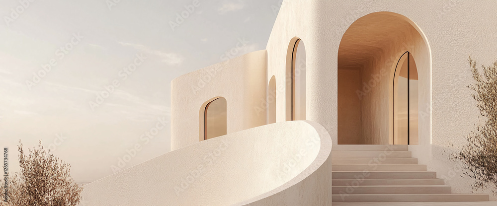 Poster a modern desert home with smooth, flowing architecture, showcasing a seamless integration of the bui