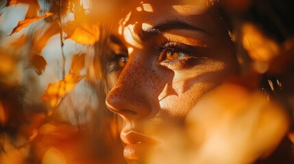 Fototapeta premium Autumnal woman portrait, sunlit face hidden by leaves, outdoor scene