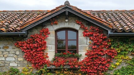 Autumnal window framed by vibrant red ivy on a stone house