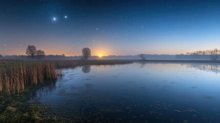 Magical Landscape: Lake Reflection Under the Starry Sky and Rising Sun