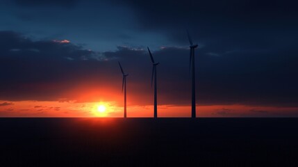 Obraz premium Three wind turbines are silhouetted against a sunset sky
