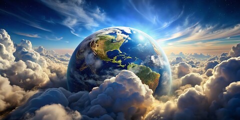 Naklejka premium Earth Rising Above Clouds: Stunning Aerial View of Planet