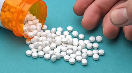Pill in hand, Close-up of a hand pouring pills from a white medicine bottle in high fidelity image.