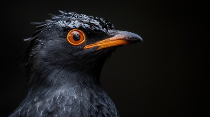A black bird with orange beak and eyes