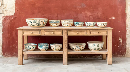Fototapeta premium Hand-painted ceramic bowls displayed on wooden table against rustic red wall; perfect for home decor or culinary websites