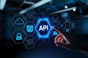 Futuristic 4K Hand Interacting with Glowing API Interface & Hexagonal Icons