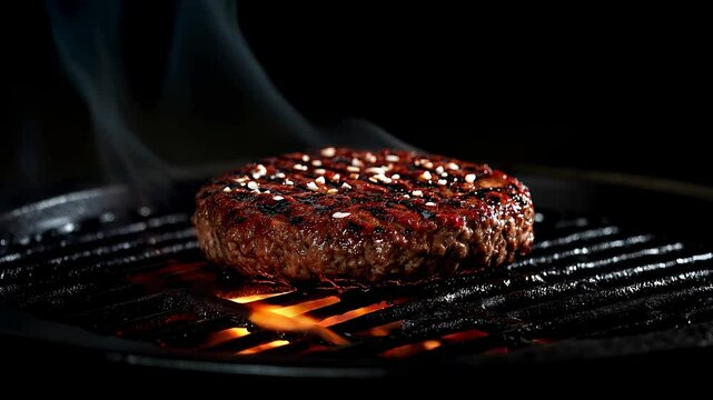 An hamburger is being cooked, the meat is being grilled while the live fire burns beneath it, releasing a light cloud of grey smoke, the camera makes a rotating movement around it, black background