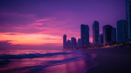 Expensive highrise hotels and condos over sandy beachfront on Atlantic ocean shore in Sunny Isles Beach city at sunset. American tourism infrastructure in southern Florida