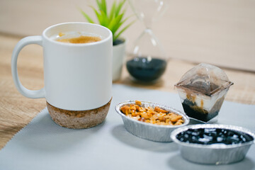 Coffee and desserts pastry, blueberry cheesecake , toffee cake, banoffee,  cakes on wooden table top, selected focus.