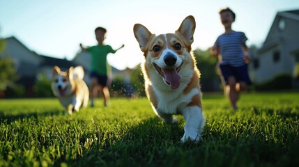 A dog is running in a field with two children behind it