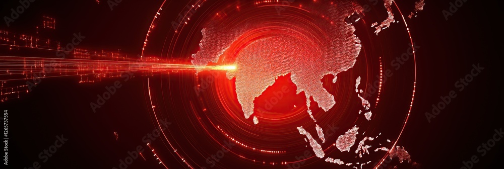 Poster vivid stylized representation of asia illuminated with bright red light symbolizing data transmissio