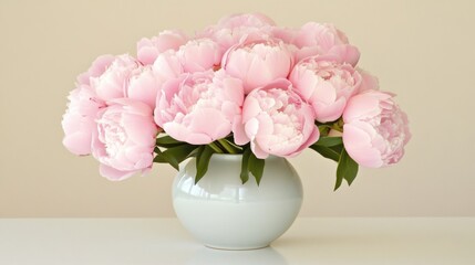 Fototapeta premium Beautiful still life composition featuring a bouquet of pink peonies in a ceramic vase on a light background