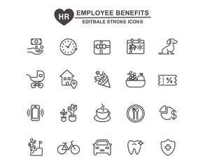 Employee benefits perks icon set. Modern HR line icons, editable stroke.