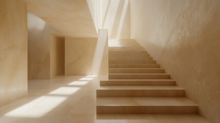 Beige interior staircase with sunlight, modern architecture