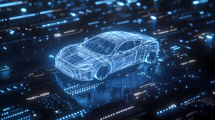 Futuristic Car Blueprint on Circuit Board