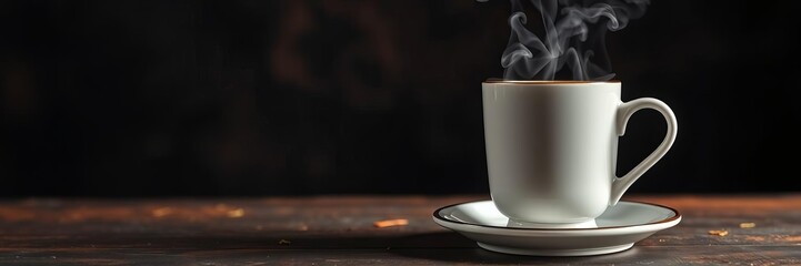 A steaming cup of coffee placed on a rustic, weathered table surrounded by blank space for custom text or designs, steam, copy space, design