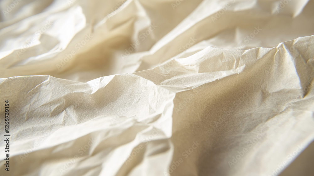 Poster Close-up of wrinkled beige crumpled paper creating intricate folds and shadows. The image highlights texture and depth, symbolizing imperfection, simplicity, and organic design.