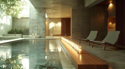 Tranquil indoor pool, spa relaxation, candles, zen garden background; wellness retreat imagery