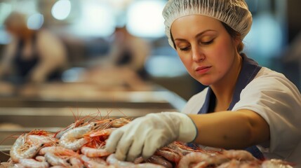 In a lively seafood processing plant, a focused female worker sorts through a pile of fresh shrimp, showcasing her dedication and skill in food handling