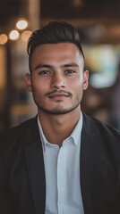 Obraz premium Portrait of confident young man with modern hairstyle wearing dark jacket over white shirt in professional setting