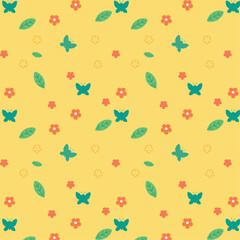 Colorful Pattern with Butterflies, Flowers, and Leaves on Yellow Background
