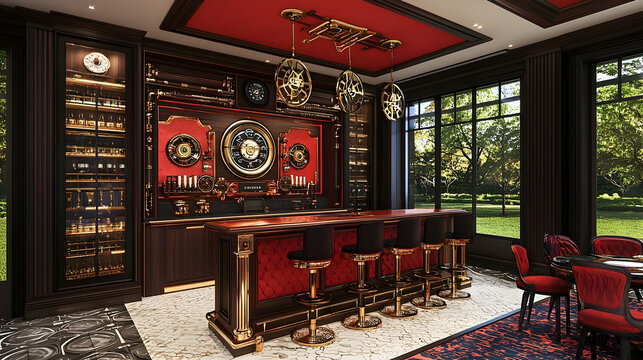 Luxurious steampunk-style home bar with red accents, large windows overlooking a garden, ideal for high-end lifestyle magazines or interior design websites