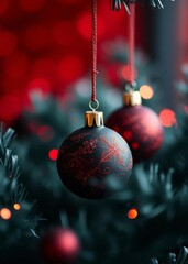 Fototapeta premium Explore the beauty of elegant black and red christmas ornaments set against a soft red bokeh background perfect for adding festive charm to your holiday decor bokeh red bokeh abstract background glow 