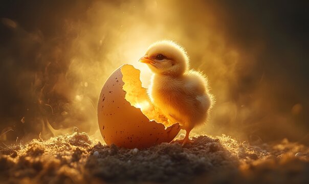 A fluffy yellow chick has just hatched from its egg bathed in golden light