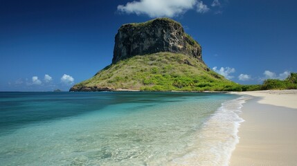 Naklejka premium Tropical island beach with dramatic rock formation