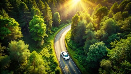Electric Car, Forest Road, Aerial View, Nature, Green, Eco-Friendly Vehicle, Sustainable Transport, EV, Clean Energy