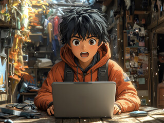 Tech savvy teen boy working on laptop in cozy room, excited expression