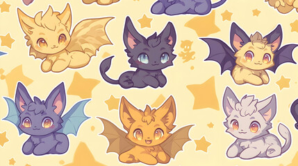 Adorable winged kittens pattern, pastel background, stars, digital art, perfect for children's products