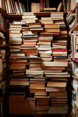 Fototapeta premium Stacks of books fill shelves in a home library, suggesting learning and reading