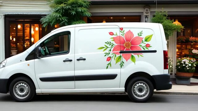 A white van with a flower design on the side. The van is parked on the street. There are several potted plants in the background