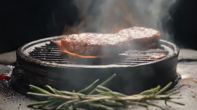 Two hamburgers slowly cooking on a hot black griddle, the fire burns brightly releasing a thick blanket of smoke, slow motion rotation on black background