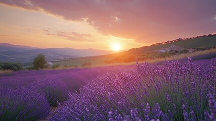 Naklejka premium Stunning Sunset Over Vibrant Lavender Field with Rolling Hills and Colorful Sky
