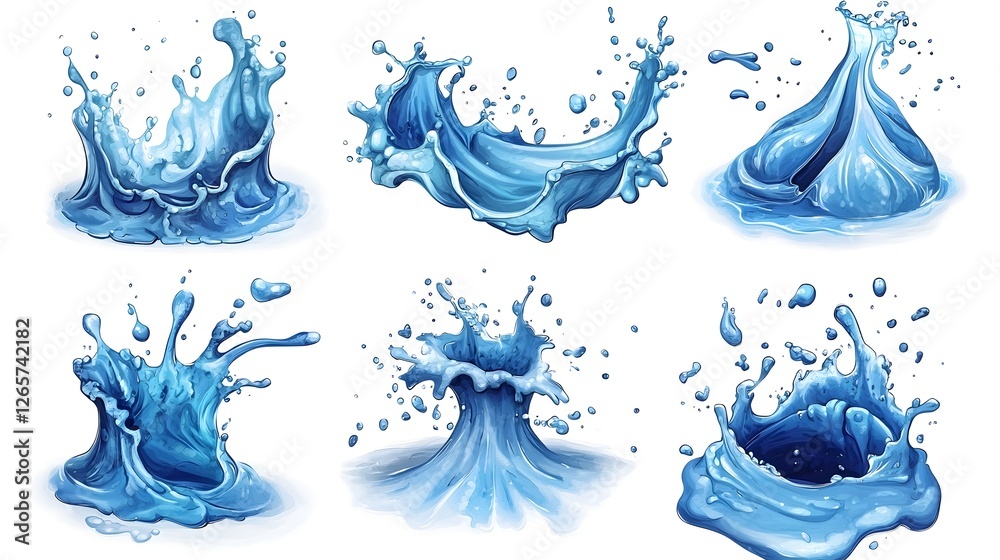 Poster Dramatic blue water splashes waves and flows in dynamic energetic movements creating abstract natural patterns and shapes