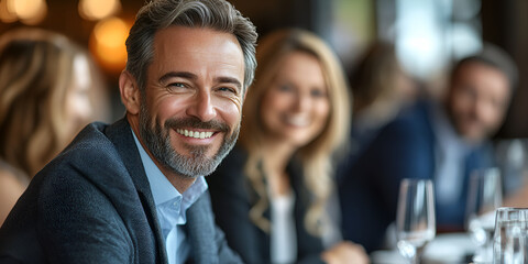 group of corporate executives engaged in high level discussion, smiling and enjoying their time together