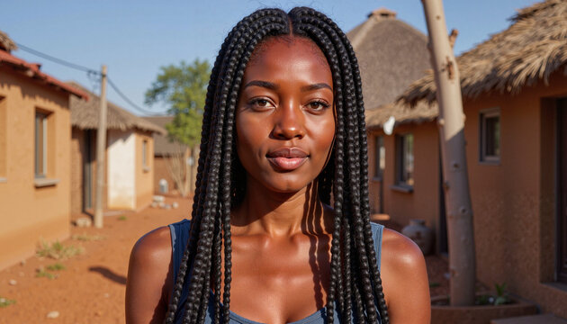 Confident woman with braided hair in cultural village setting, beauty