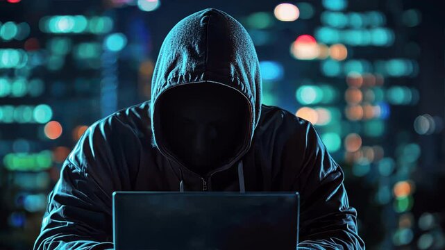 Mysterious Individual in Hooded Jacket Using Laptop at Night