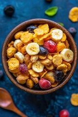 Fototapeta premium Bowl of cereal topped with banana, grape and berry on a blue textured table