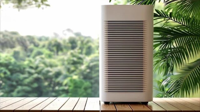 A modern air purifier placed on a wooden surface with a green, leafy outdoor backdrop.