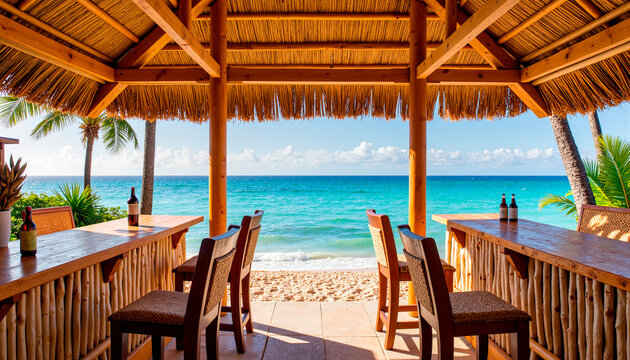 Tiki bar setup by beachfront ocean view, tropical relaxation
