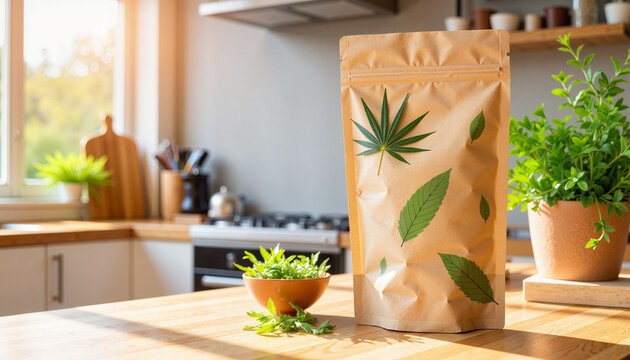 Eco-friendly packaging pouch in modern kitchen, promoting freshness
