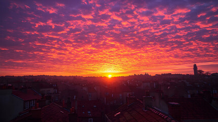 Naklejka premium Vibrant sunrise over city rooftops, colorful cloudscape