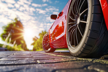 Fototapeta premium Close-up of the car tires of a luxurious red vehicle on the road on a spring morning, view from below.