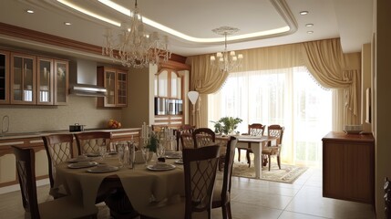 Elegant dining room showcasing chandeliers table settings and kitchen area